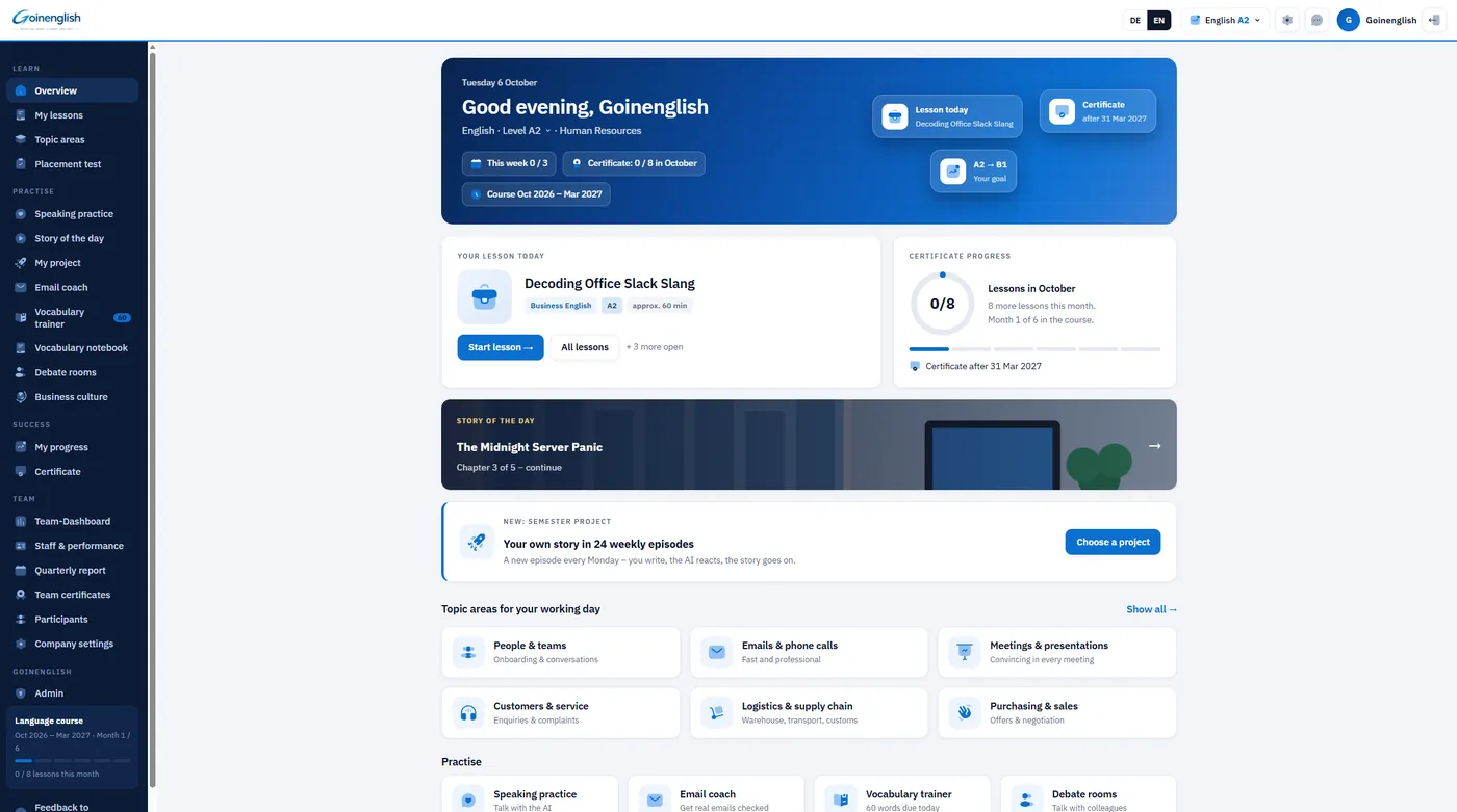 GoInEnglish learning platform: screenshot of the app