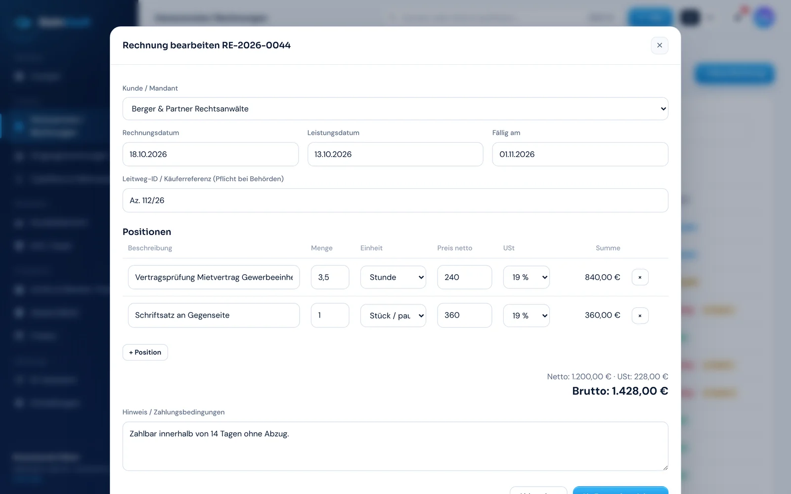 GoinVault Honorarnote and e-invoice