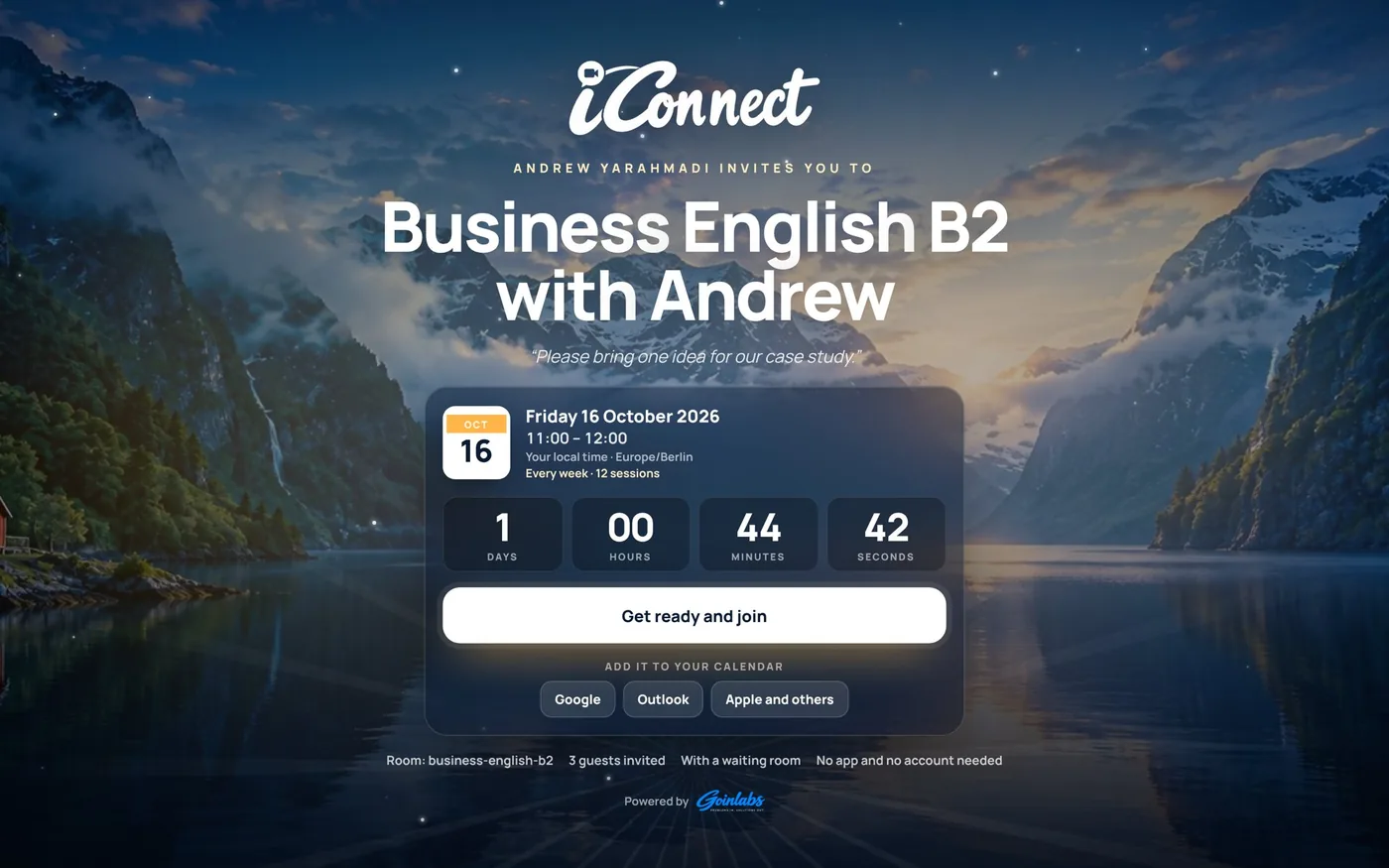 Invitation page with countdown on a laptop