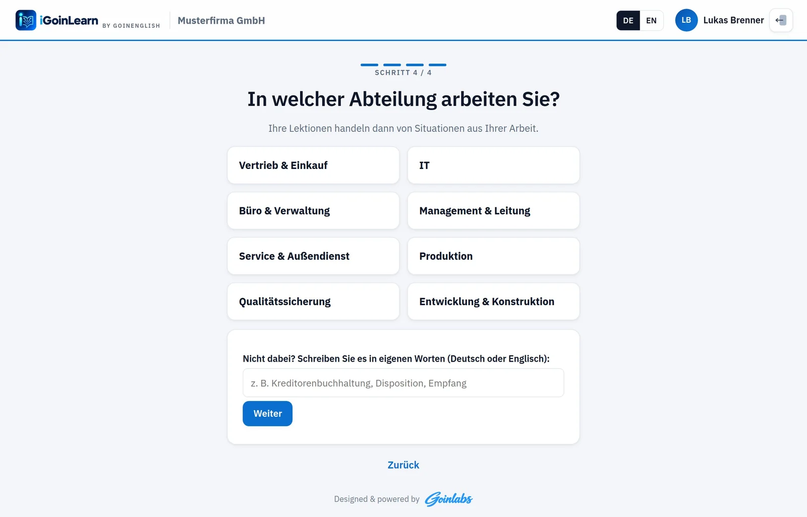 Einrichtung: Abteilung wählen oder selbst eintragen