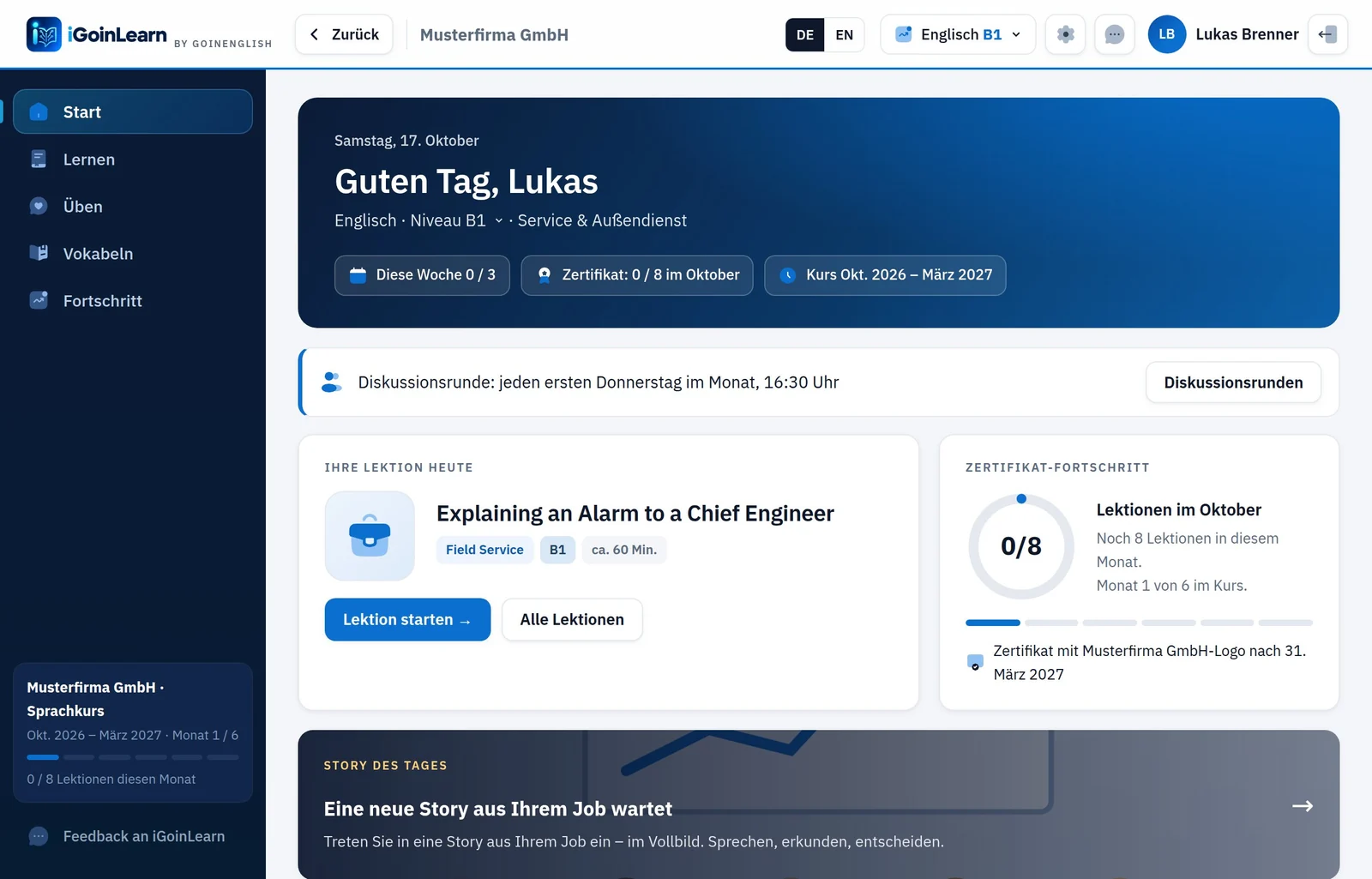 Startseite für Lernende in iGoinLearn
