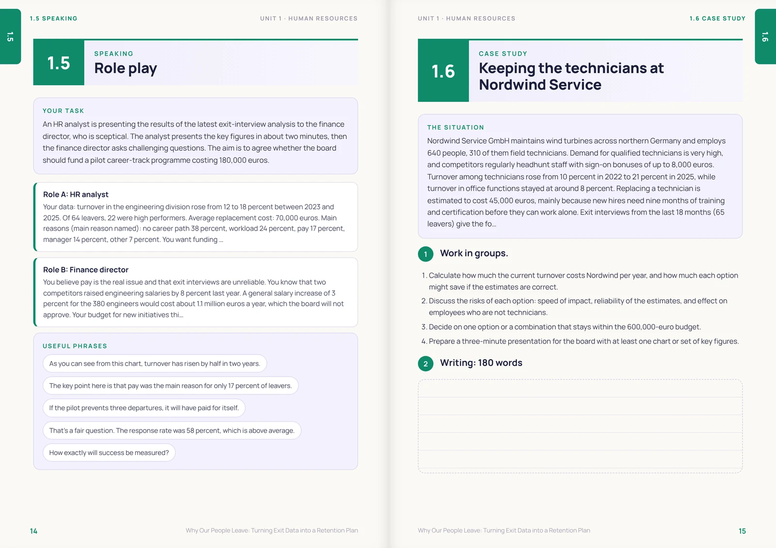 Speaking and case study pages from a Human Resources unit, level B2